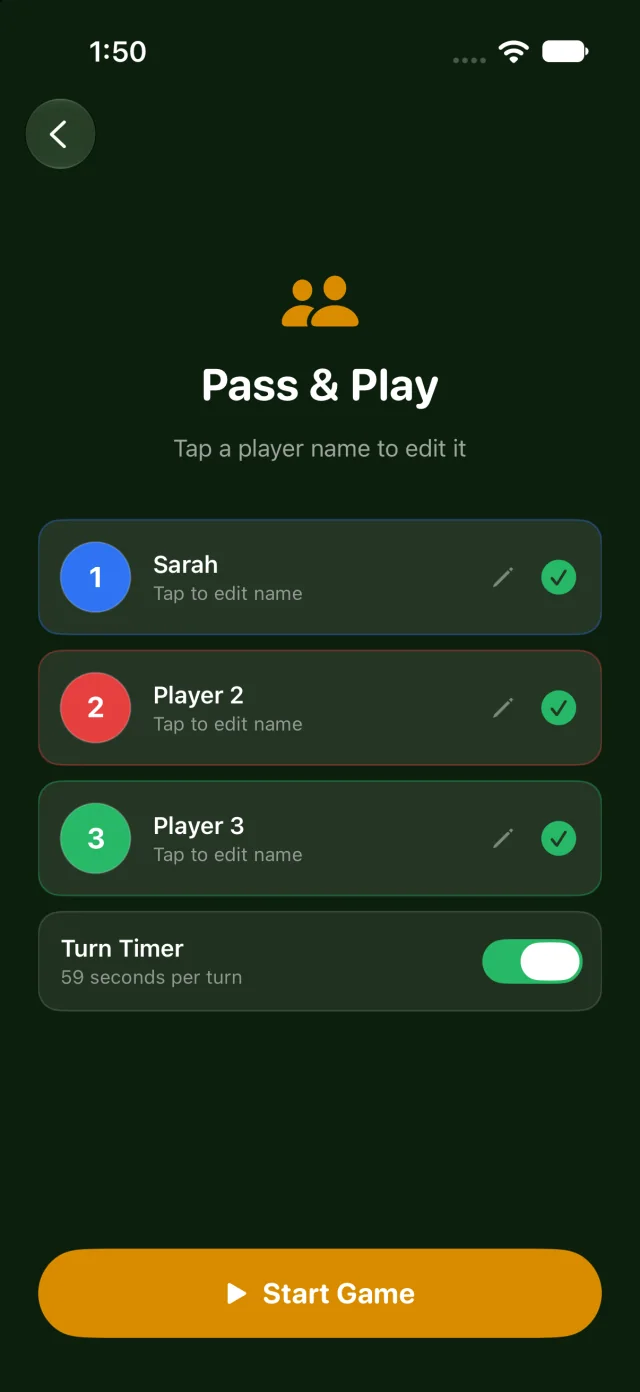 Pass & Play setup with three players and the turn timer